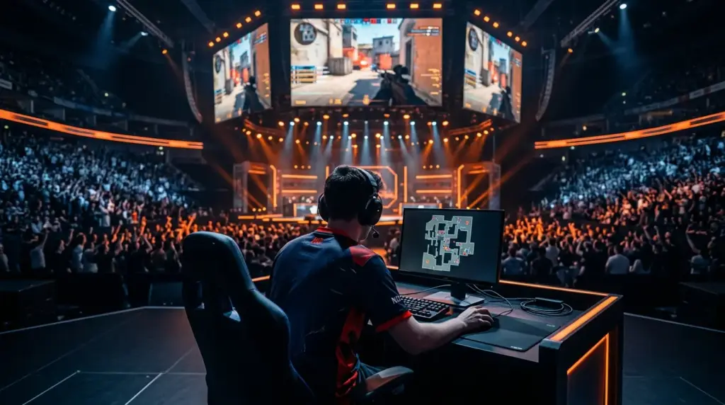 G2-inspired Counter-Strike 2 player silhouette competing under arena lights during a decisive tournament match