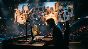 Cinematic Counter-Strike 2 esports stage showing a tense tactical match atmosphere