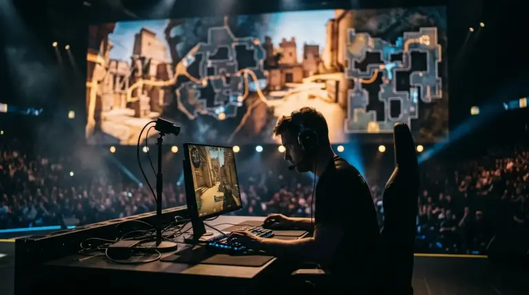 Cinematic Counter-Strike 2 esports stage showing a tense tactical match atmosphere