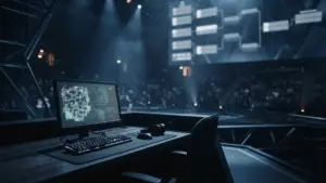 Empty CS2 esports stage representing JiJieHao securing the final EWC tournament spot