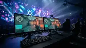 Esports gaming setup at VALORANT tournament with dramatic blue and purple stage lighting