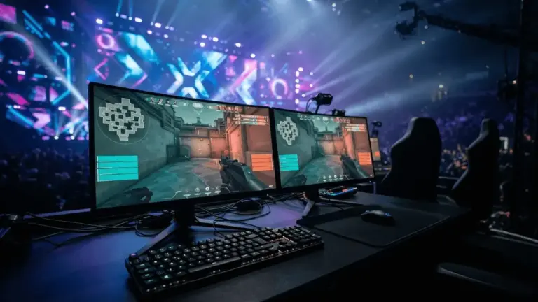 Esports gaming setup at VALORANT tournament with dramatic blue and purple stage lighting