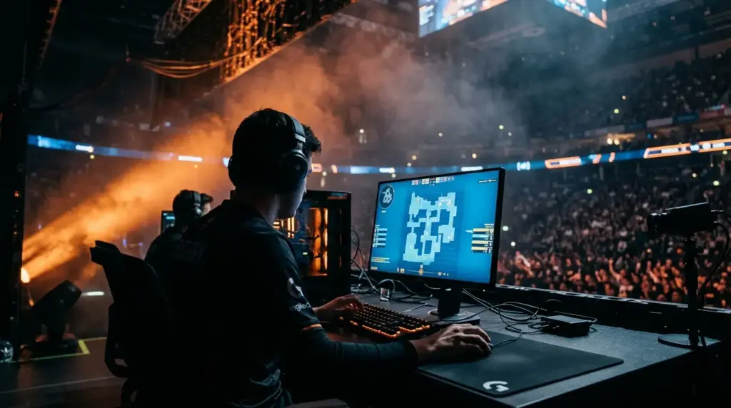 Counter-Strike 2 player competing in a tense tournament match under blue and orange arena lighting