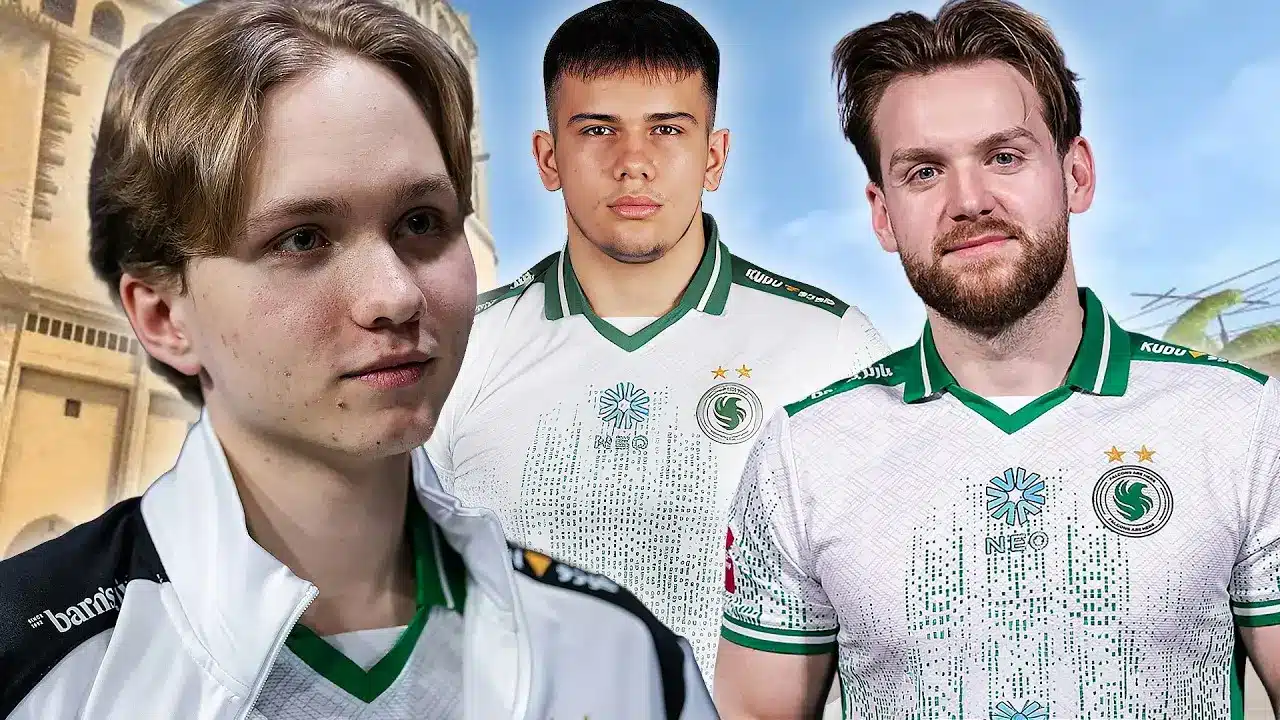 Three professional Counter-Strike players wearing white and green Team Falcons jerseys