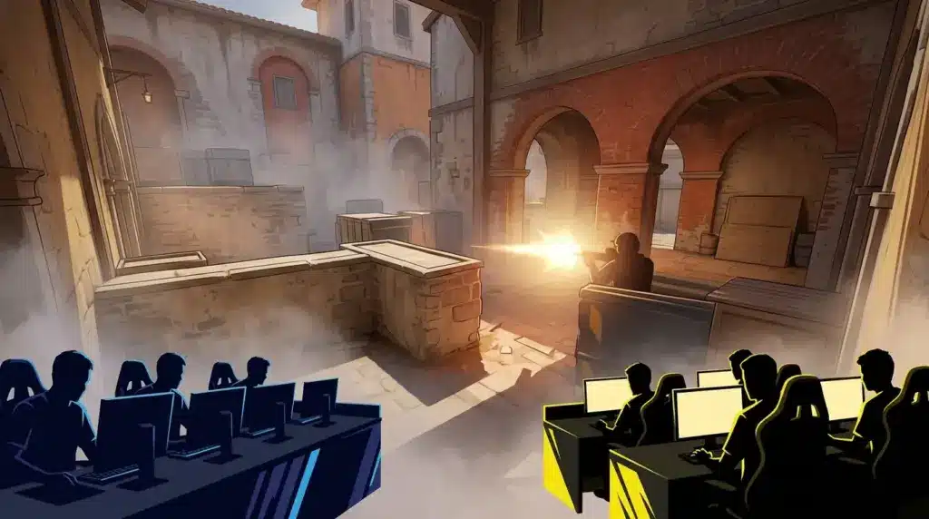 Dramatic Counter-Strike 2 Inferno map scene symbolizing M80's comeback win over NAVI