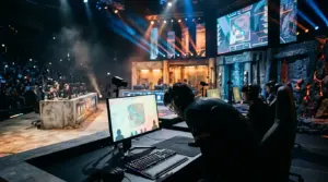 Esports player silhouette in a dramatic arena during a decisive Counter-Strike playoff battle