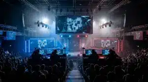 Counter-Strike esports arena during a tense lower-bracket playoff match