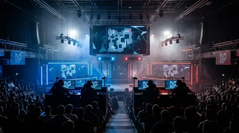 Counter-Strike esports arena during a tense lower-bracket playoff match