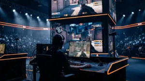 A silhouetted CS2 esports player competes under navy and orange arena lighting during a tense playoff match.