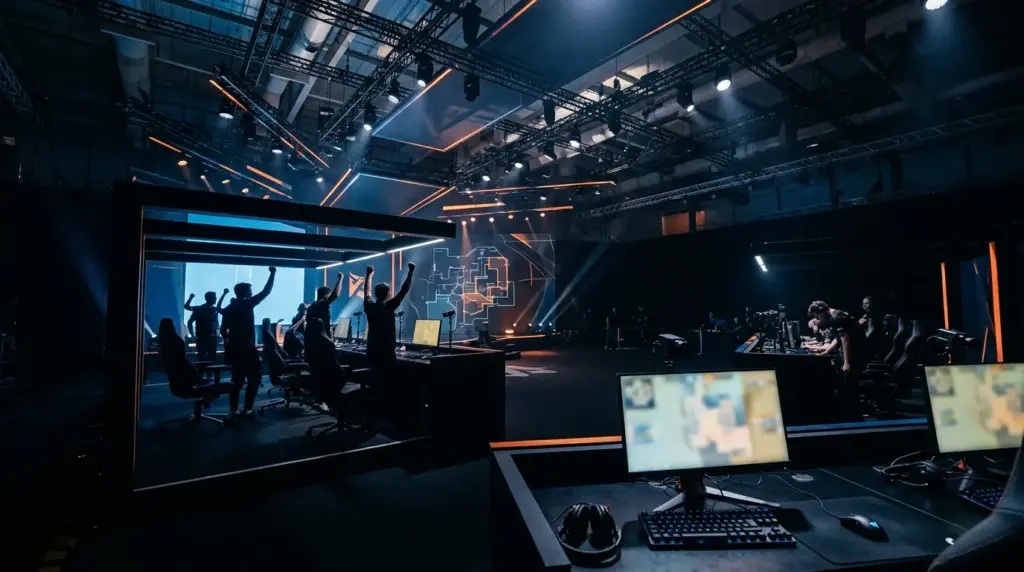 Dark Counter-Strike esports stage with orange lighting symbolizing MOUZ's playoff comeback