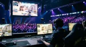 Professional CS2 player competing at BLAST esports tournament with arena lighting