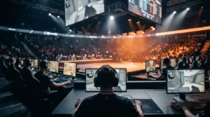 NAVI players rally during a dramatic Counter-Strike 2 esports comeback on a dark orange-lit LAN stage
