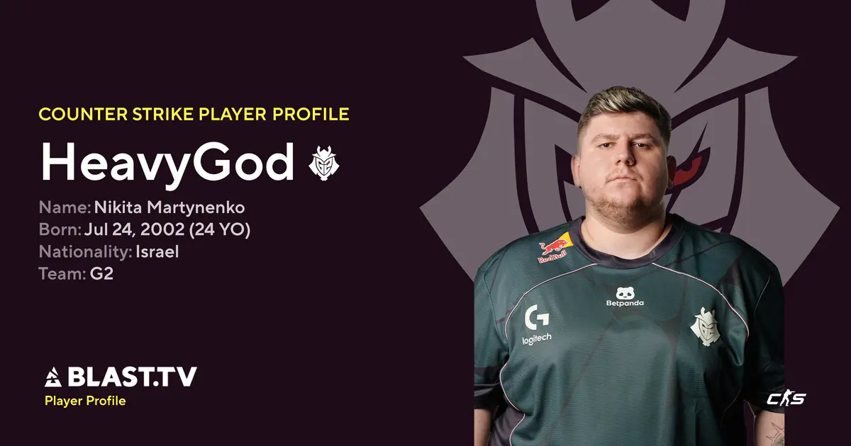 Player profile of Nikita HeavyGod Martynenko featuring a portrait of the player in a G2 Esports jersey