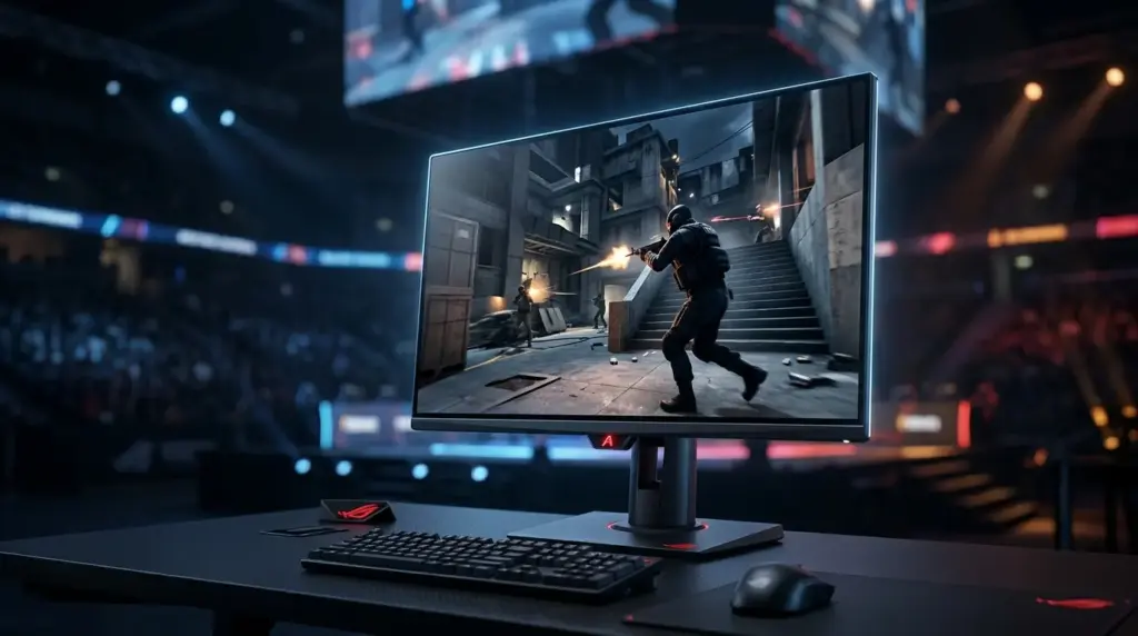 ASUS ROG Swift OLED gaming monitor displayed in a professional Counter-Strike esports arena