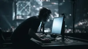 Esports player silhouette during a dramatic qualifier playoff match
