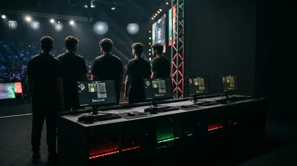 Anonymous esports players prepare for a Counter-Strike 2 LAN match during a Portuguese roster rebuild