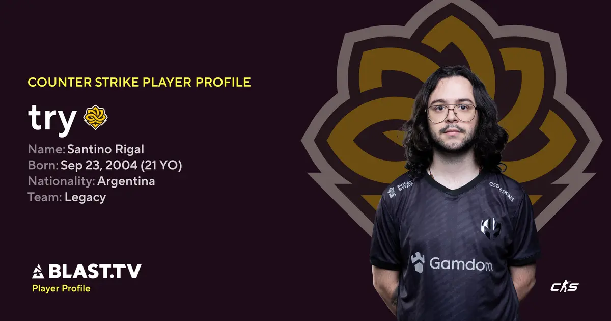 Player profile of Santino Rigal, known as try, featuring his photo and stats for Counter-Strike