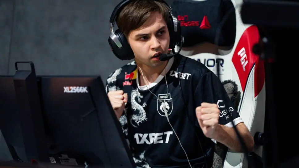 Professional esports player sh1ro wearing a Spirit jersey and headset during a CS:GO match