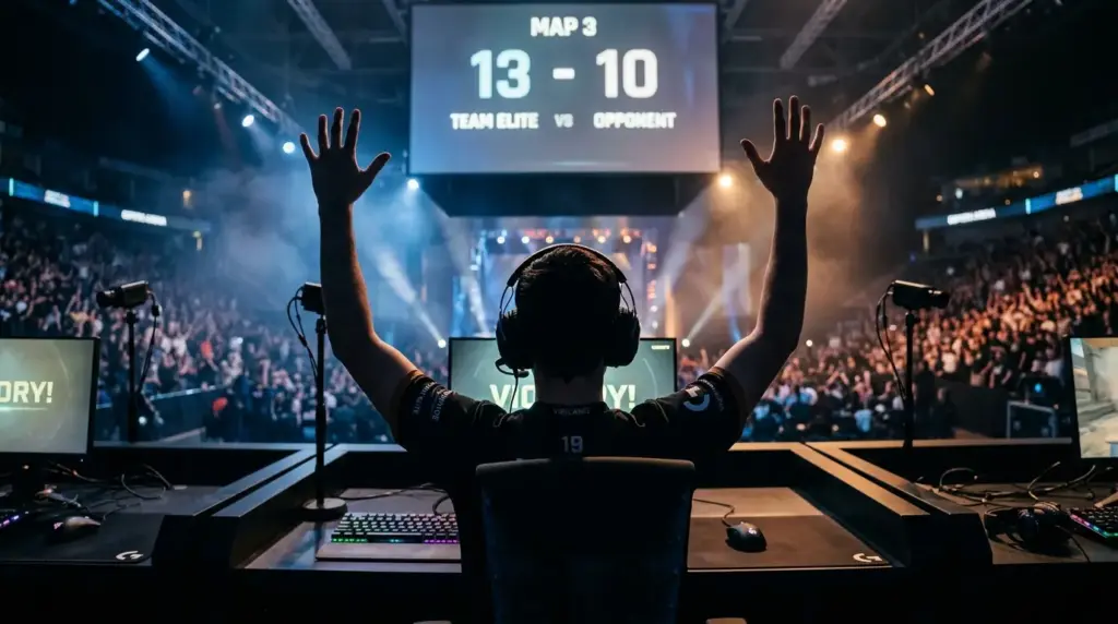 MOUZ player silhouette at tournament setup celebrating BLAST Bounty Season 2 victory over Team Spirit