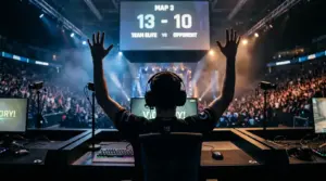 MOUZ player silhouette at tournament setup celebrating BLAST Bounty Season 2 victory over Team Spirit