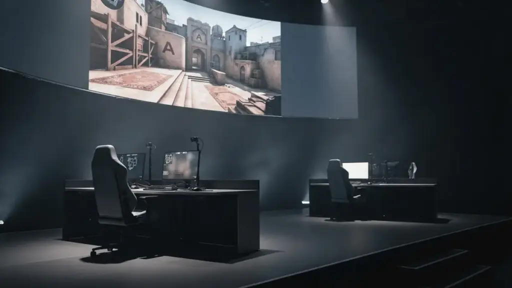 Esports arena showing a tense Counter-Strike 2 match after a surprise Mirage upset