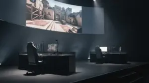 Esports arena showing a tense Counter-Strike 2 match after a surprise Mirage upset