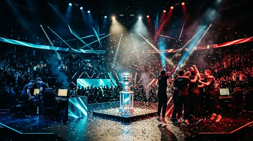 CS2 championship trophy on a dramatic esports arena stage after a comeback victory