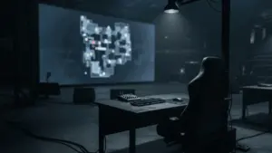 Dark CS2 esports stage symbolizing a team dropping into the lower bracket