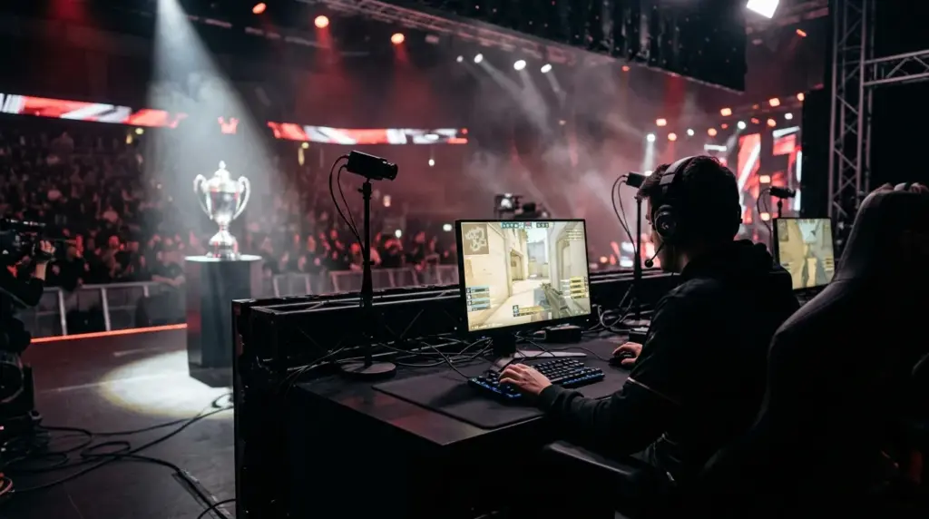 Anonymous esports player competing beneath spotlights beside a championship trophy