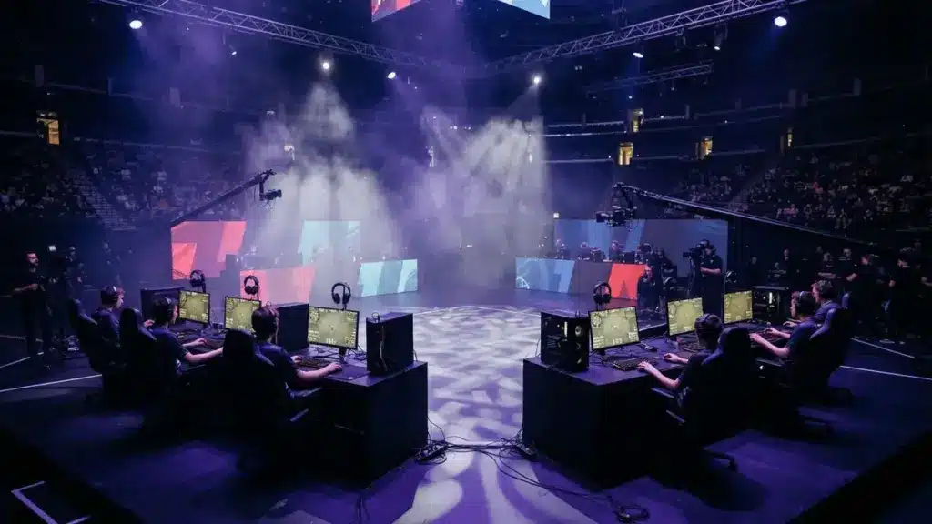 Professional esports tournament stage with gaming stations under dramatic purple and blue lighting