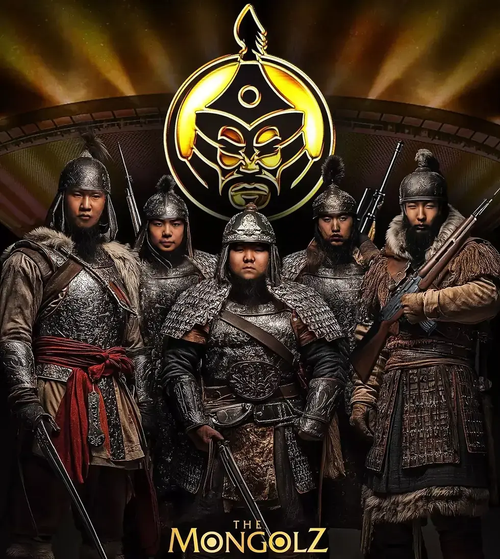 Members of The MongolZ CS2 team dressed in traditional Mongol warrior armor with the team logo in the background