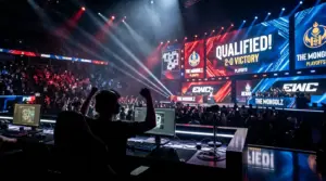 Anonymous esports player on a dramatic arena stage after The MongolZ reach the playoffs