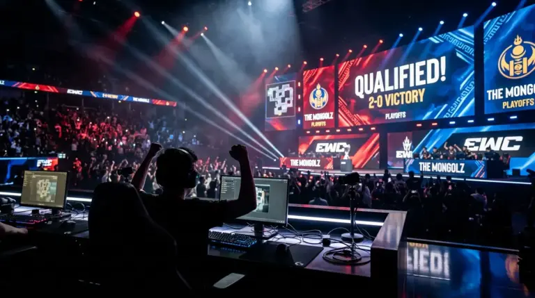 Anonymous esports player on a dramatic arena stage after The MongolZ reach the playoffs