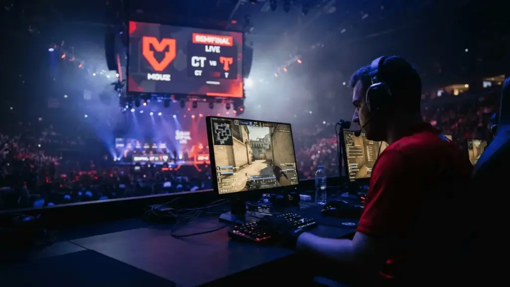 MOUZ esports player competing in Counter-Strike 2 semifinal match with dramatic arena lighting