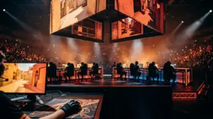 Anonymous esports players compete in a tense Counter-Strike playoff decider under dramatic arena lighting
