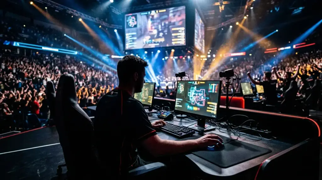 Professional esports player silhouette competing under arena lights during a decisive Counter-Strike playoff match