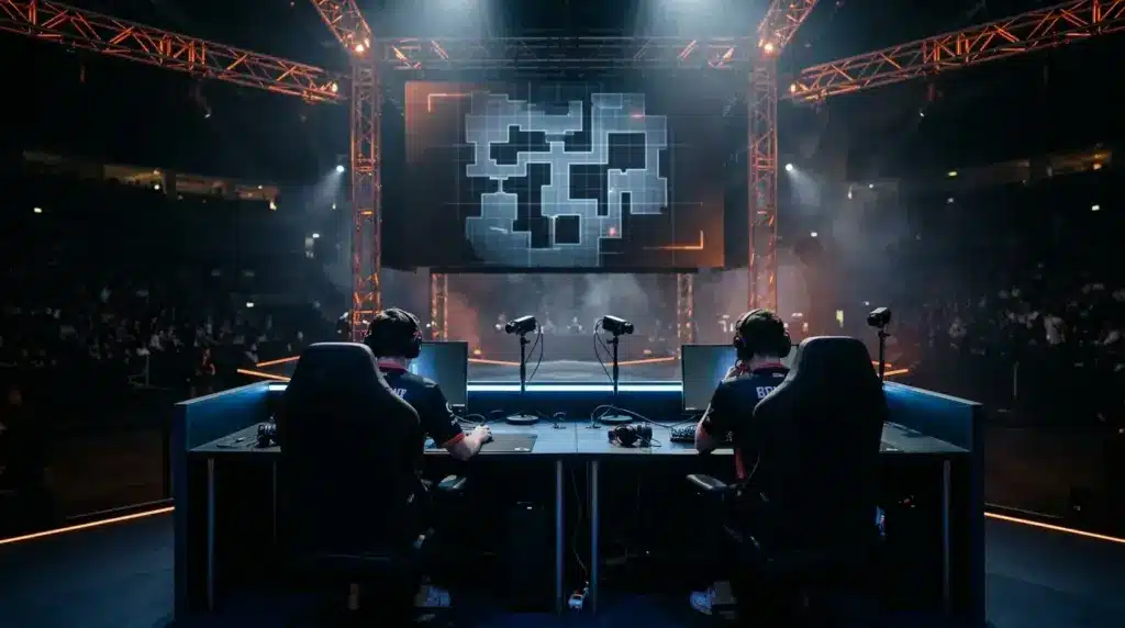Esports players celebrate a tournament win on a dark blue and orange competition stage