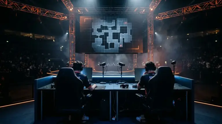 Esports players celebrate a tournament win on a dark blue and orange competition stage