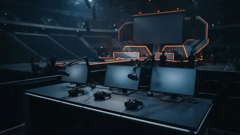 Esports broadcast desk and stage lighting inside a packed tournament arena
