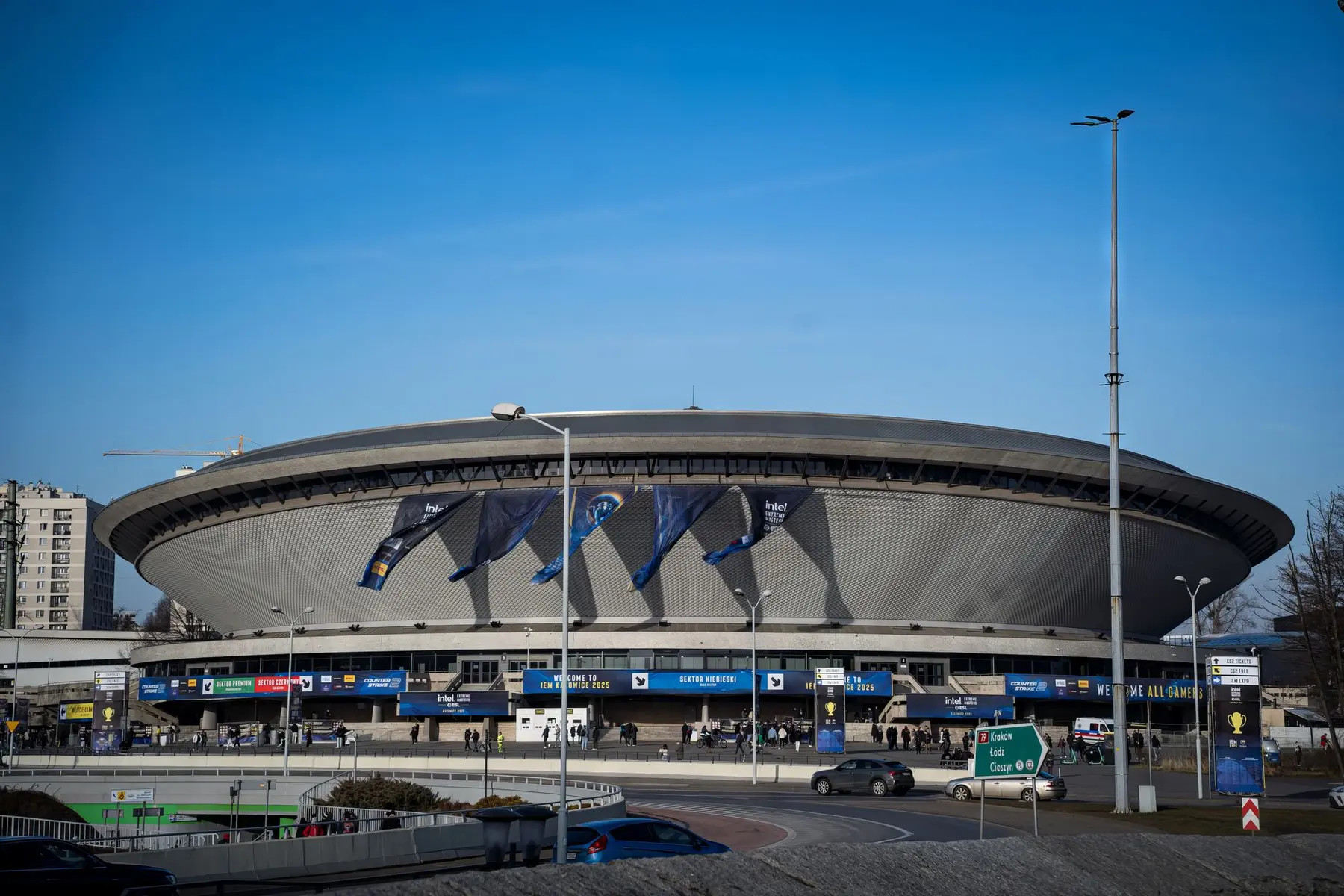 Exterior view of the Spodek arena in Katowice featuring Intel Extreme Masters banners