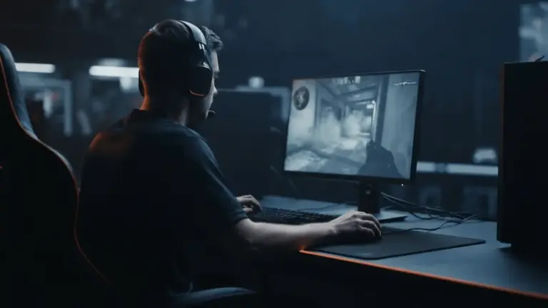 Anonymous esports player holding a defensive position at a Counter-Strike tournament setup