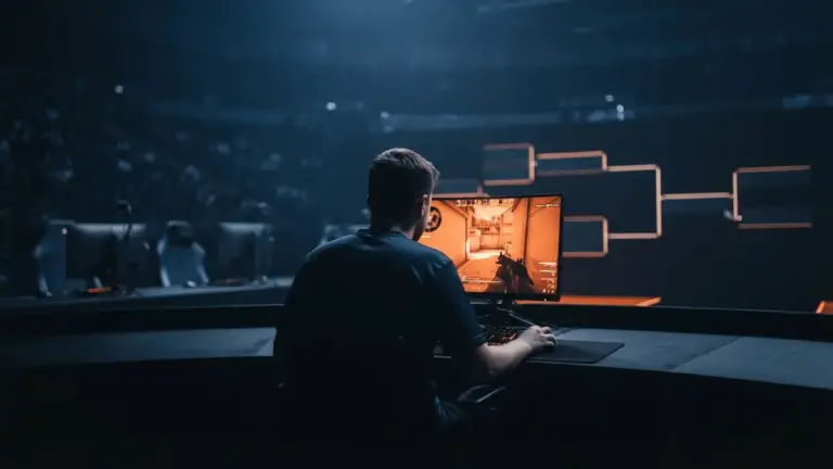 Cinematic esports LAN stage showing an orange-lit playoff path after a dominant group-stage run