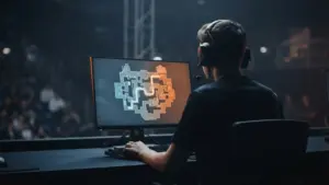 Anonymous esports player at a gaming rig facing a tactical route toward an Asian CS2 qualification region