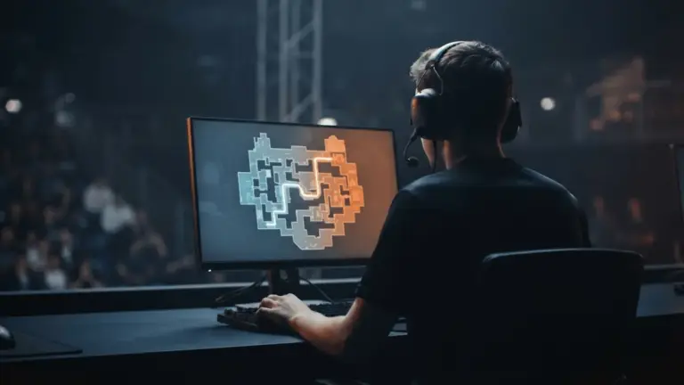 Anonymous esports player at a gaming rig facing a tactical route toward an Asian CS2 qualification region