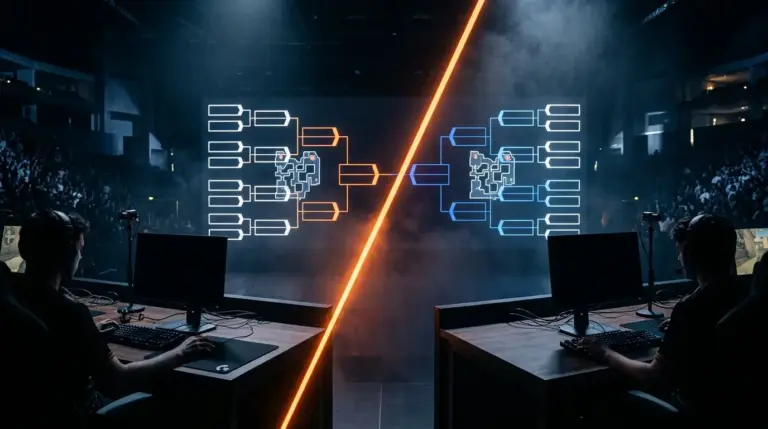 Dark CS2 esports arena with orange-lit tactical pathways representing teams advancing to the semifinals