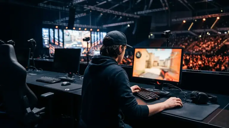 Anonymous esports substitute player stepping into a tournament match at a gaming station