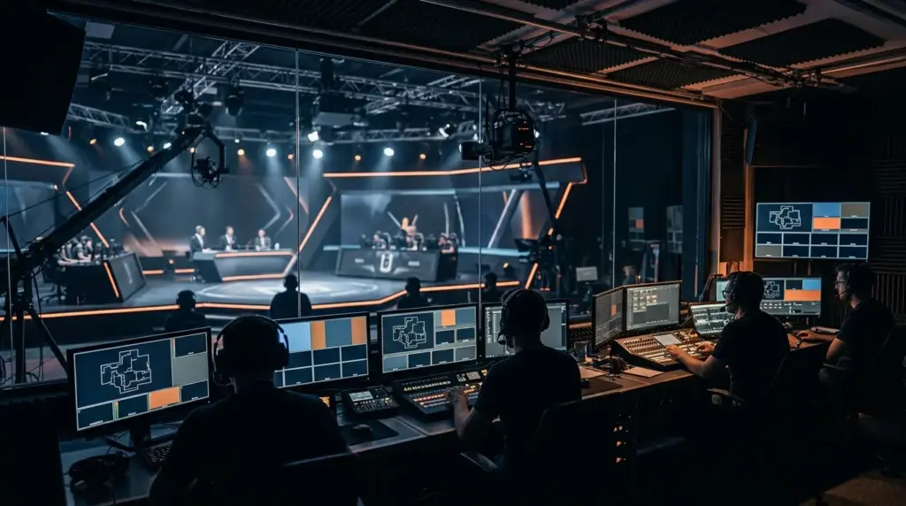 Esports broadcast crew preparing production equipment for an international tactical shooter tournament