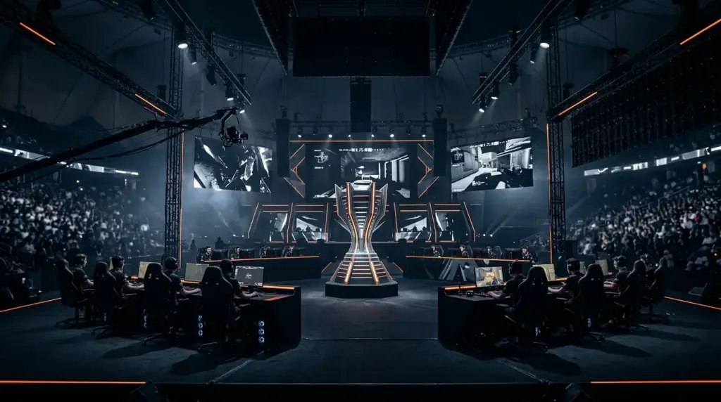 Dark navy and orange LAN esports arena representing CS2’s continued Esports World Cup run through 2028