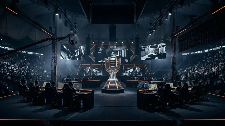 Dark navy and orange LAN esports arena representing CS2’s continued Esports World Cup run through 2028