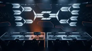 CS2 esports playoff stage with a highlighted fantasy star pick and dark navy-orange tournament lighting